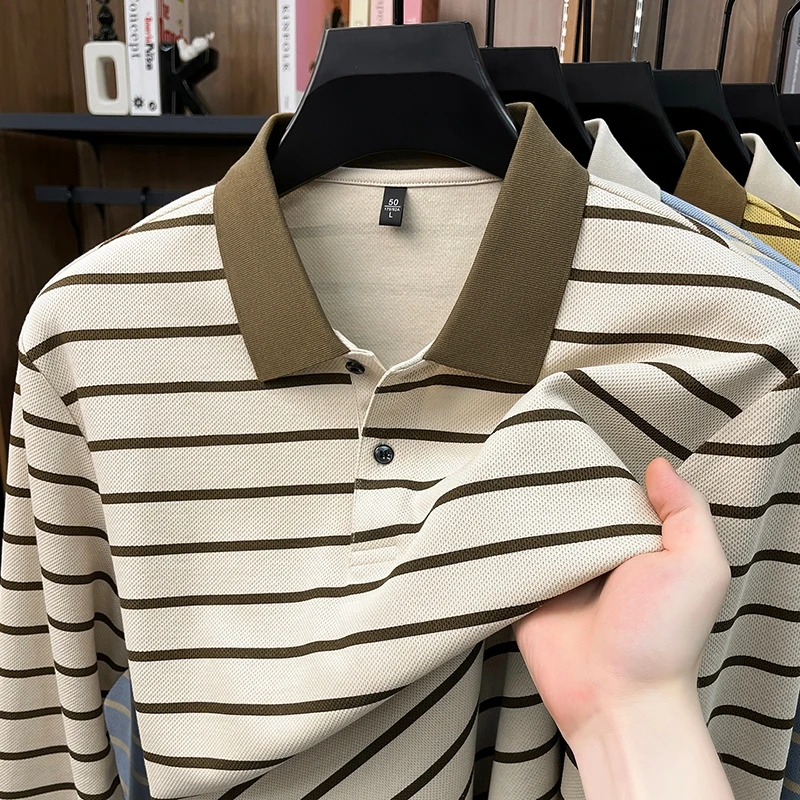 Light Luxury striped long sleeve men's polo shirt skin friendly comfort mercerized cotton new high-quality casual autumn T-shirt