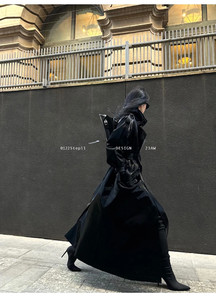 Lautaro Spring Autumn Extra Long Oversized Cool Reflective Shiny Black Patent Leather Trench Coat for Women Belt Runway Fashion