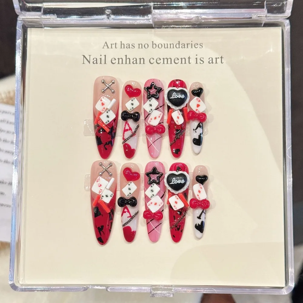 

10 шт., сказочная страна чудес, ручная работа, пресс для ногтей, черные сердечки Ace Spice Girls, 3D покер, накладные ногти, съемные, многоразовые