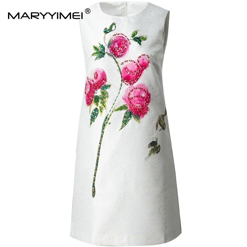 MARYYIMEI Zomer Nieuwe Collectie vrouwen Jurk O-hals Korte Mouwen Jacquard Kralen Witte Jurken