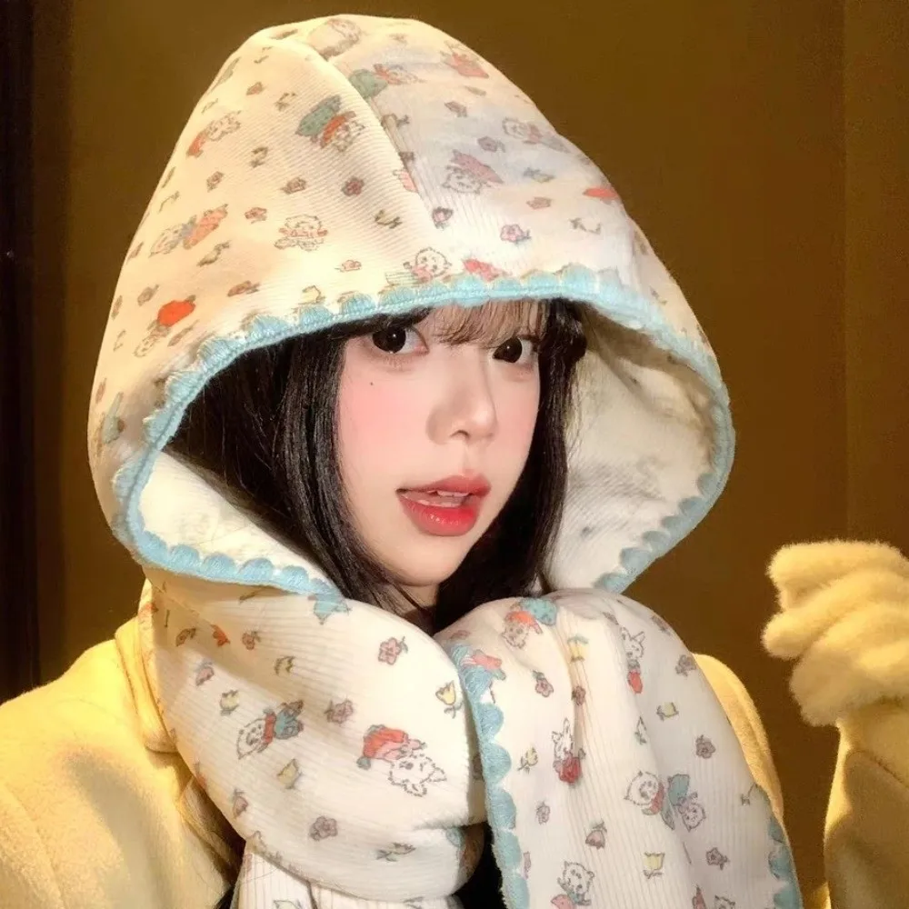 Versatile Double-Sided Winter Scarf Hat Warm Floral Print Hooded Earmuffs Scarf Convertible Thick Two-In-One Hat Scarf Travel