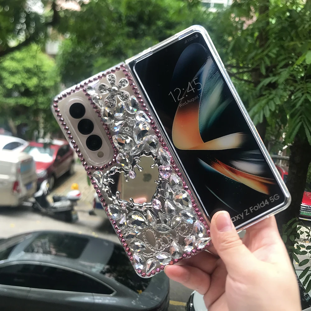 Bling Rhinestone Broken Heart Mirror Phone Case For Samsung Galaxy Z Fold 7 6 5 4 3 Diamond Flowers Water Drop Crystal PC Cover