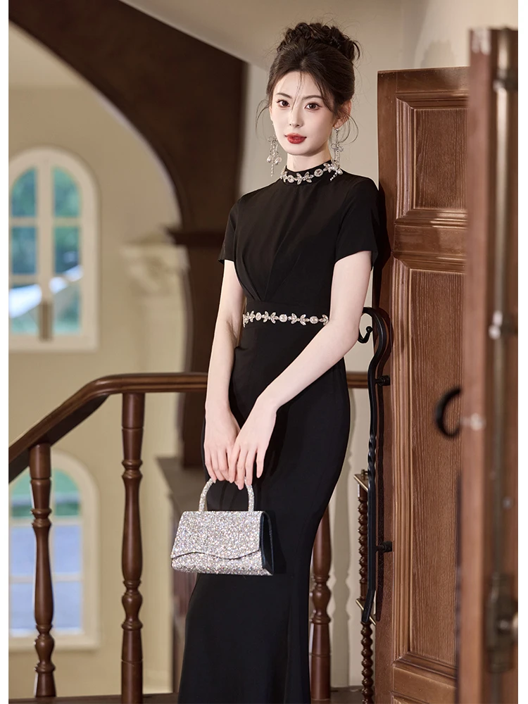 

Ele Bla Fi Tail Evening Gown Women's New 2025 High-End Satin Fabric Luxury Dr Korean Sle Diamond Decorated mid W...