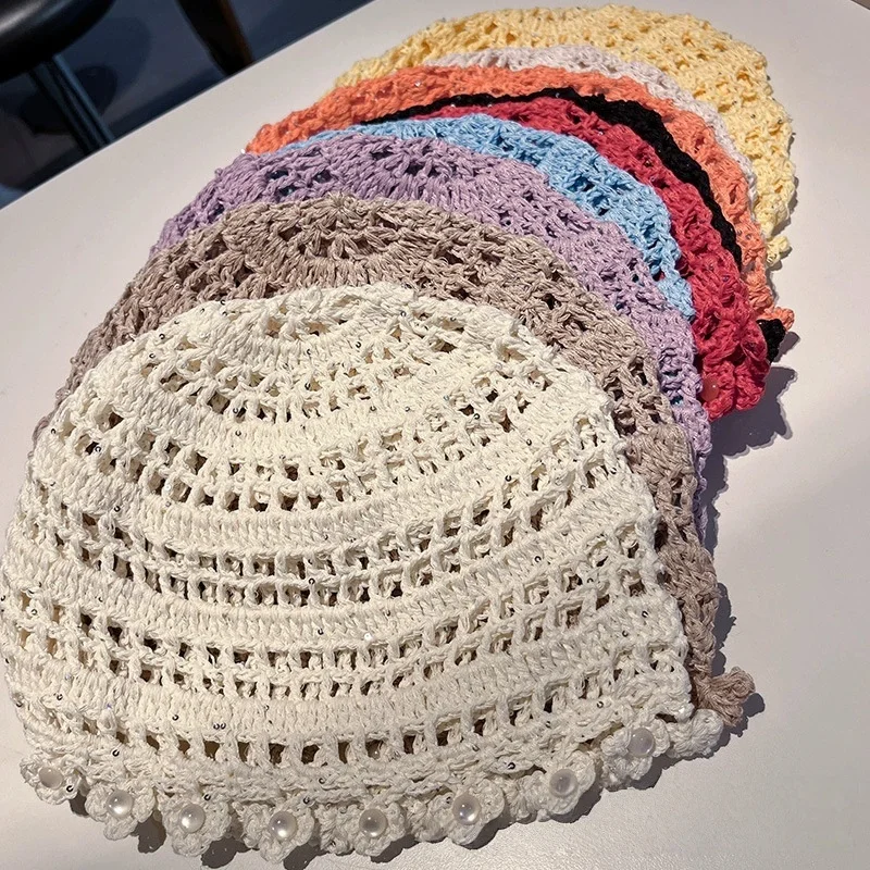 Bohemian-style Pearl Pendant Openwork Beanie for Women – A Retro-inspired Spring/summer Knit Hat