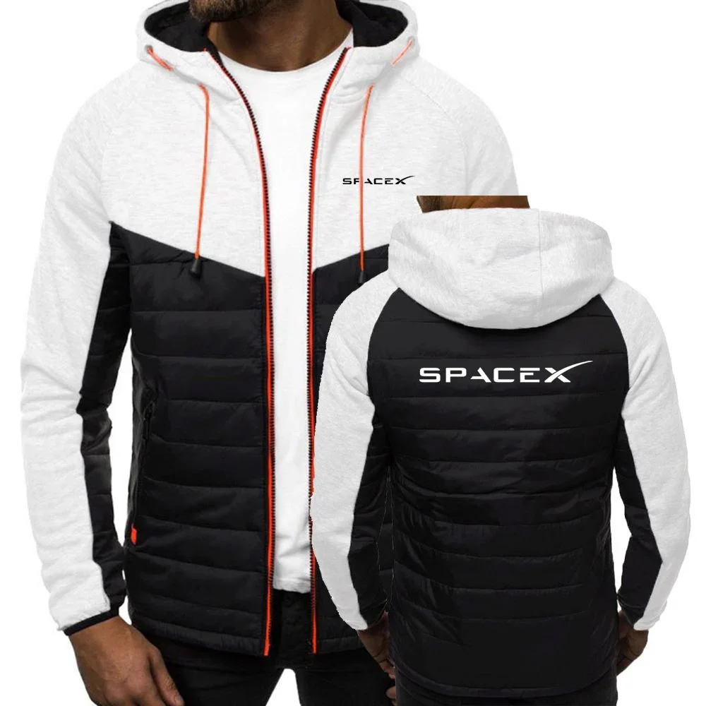 SpaceX Space X Logo 2023 Men's New Autumn And Winter Fashion Print Color Block Zipper Up Hooded Casual Keep Warmer Coats Jacket