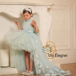 High Neck Sky Blue Flower Girl Dresses Sweep Train Tiered Wedding Party Gowns for Princess 2023 Summer Soft Tulle فساتين بنات صغ