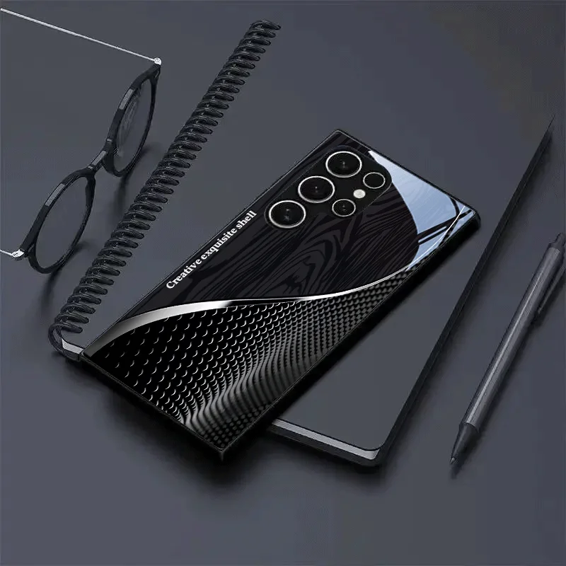 black Wood grain Durable PhoneCase Glass PhoneCase for Samsung Galaxy S26 S25 S24 S23 S22 S21 FE,Ultra,Plus Men's style Business