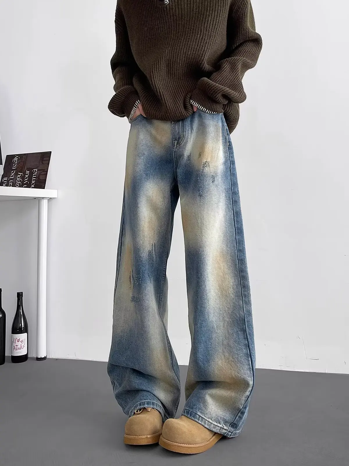 

Мужские винтажные джинсы Waed American High Street Vibe с эффектом потертости, микро-клеш, повседневные, дизайнерская модель