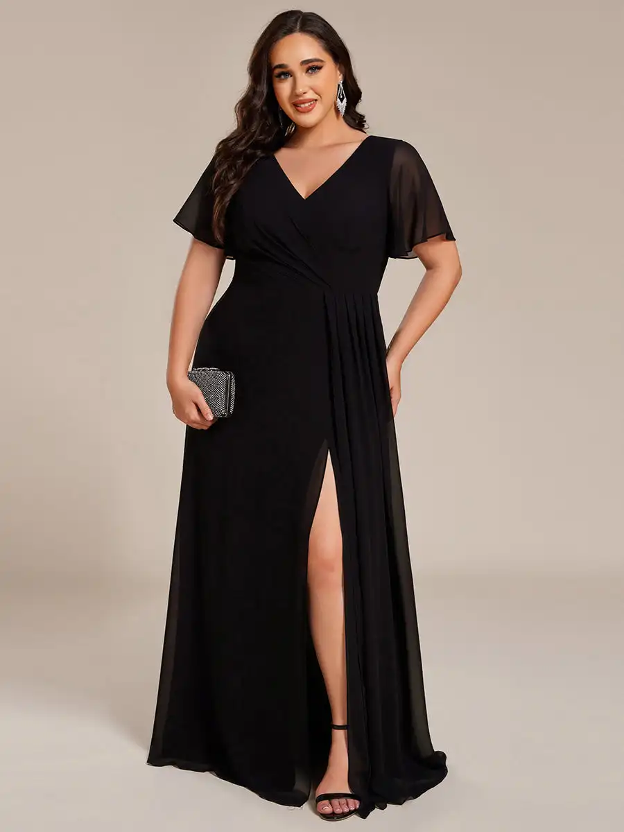 

BAZIIINGAAA Party Dress Plus Size Lotus Leaf Ruffles Sleeve asymmetrical Ruched Empire Waist Chiffon Evening Dresses