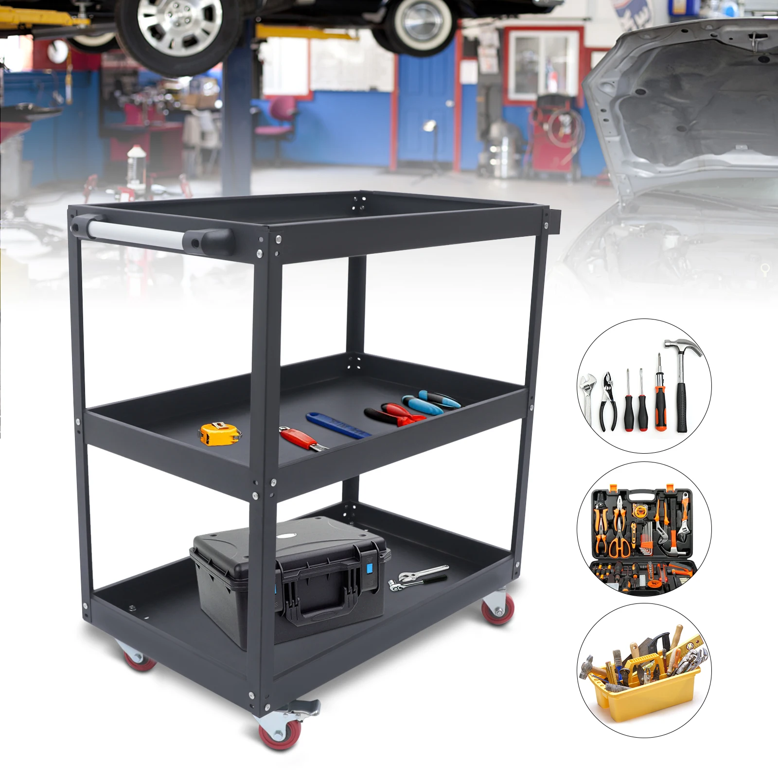 3 Tier Rolling Tool Cart, Industrial Service Cart, Heavy Duty Steel Utility Cart,  Design for Garage, Warehouse & Repair Shop