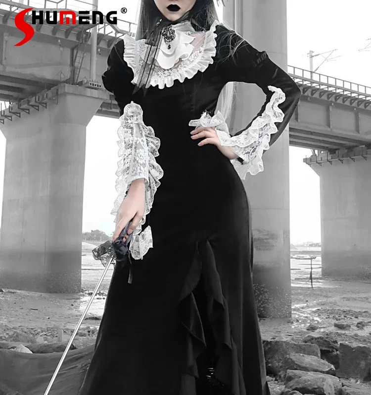 

2024 New Original Design Japanese Vintage Black Dress Lace Patch Turtleneck Trumpet Long Flare Sleeve Gothic Long Dresses Women