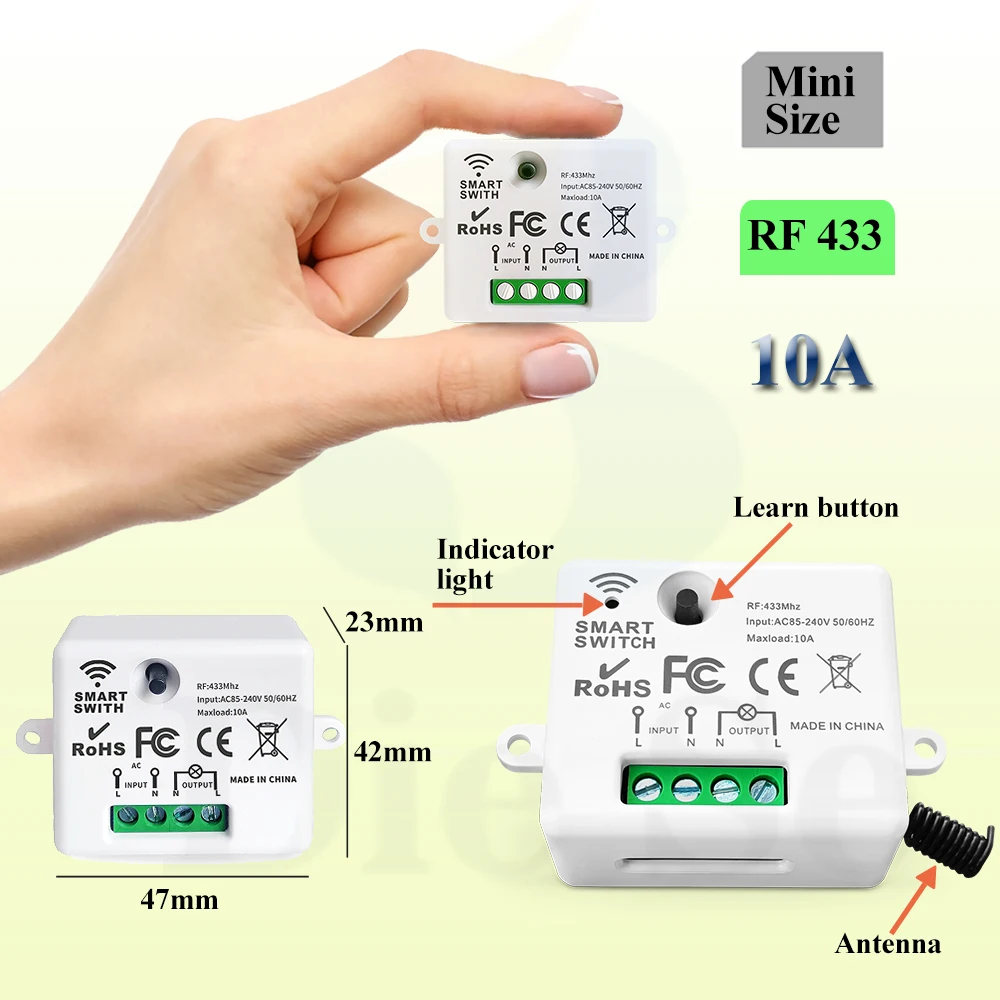 433MHz Wireless Remote Control Transmitter 500m AC 220V 1CH Receiver Mini Size Module Universal Switch  for LED/Light/Fan