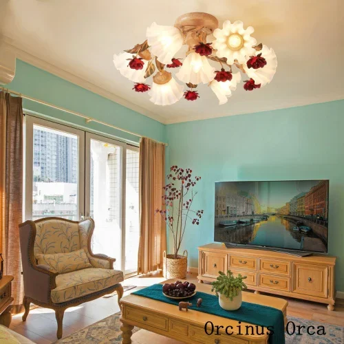 

European Romantic Red Rose ceiling lamp Living Room Bedroom Korean Pastoral Creative LED Flower ceiling lamp