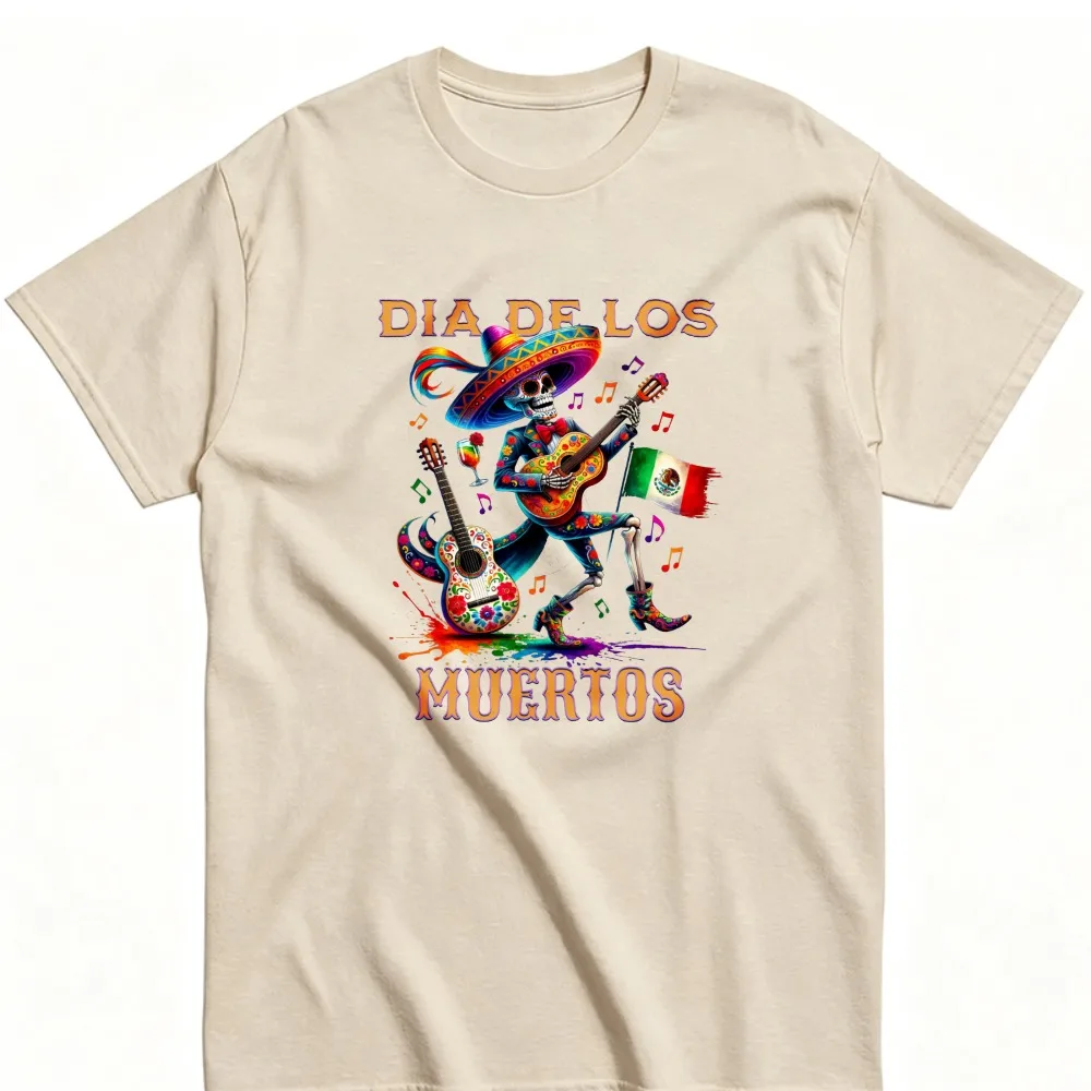 Dia De Los Muertos Mariachi Skeleton Graphic T‑Shirt Mexican Flag Sombrero Guitar Music Note Colorful Splash Print Casual Tops