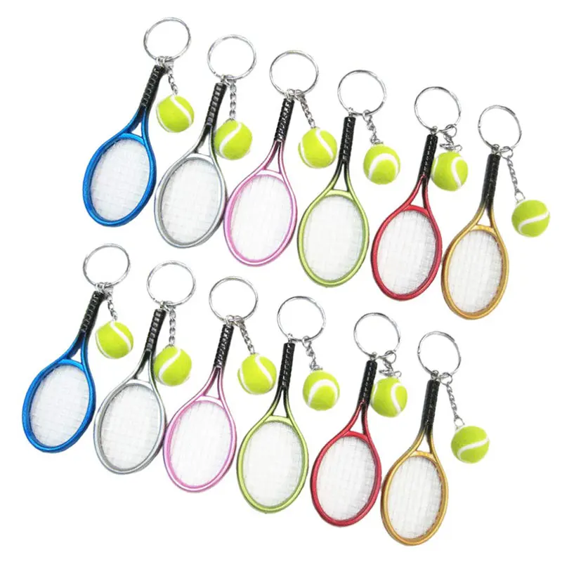 120Pcs Mini Tennis Racket Keychain Key Ring Fashionable Alloy Tennis Ball Split Ring Keychain for Sport Lovers Team