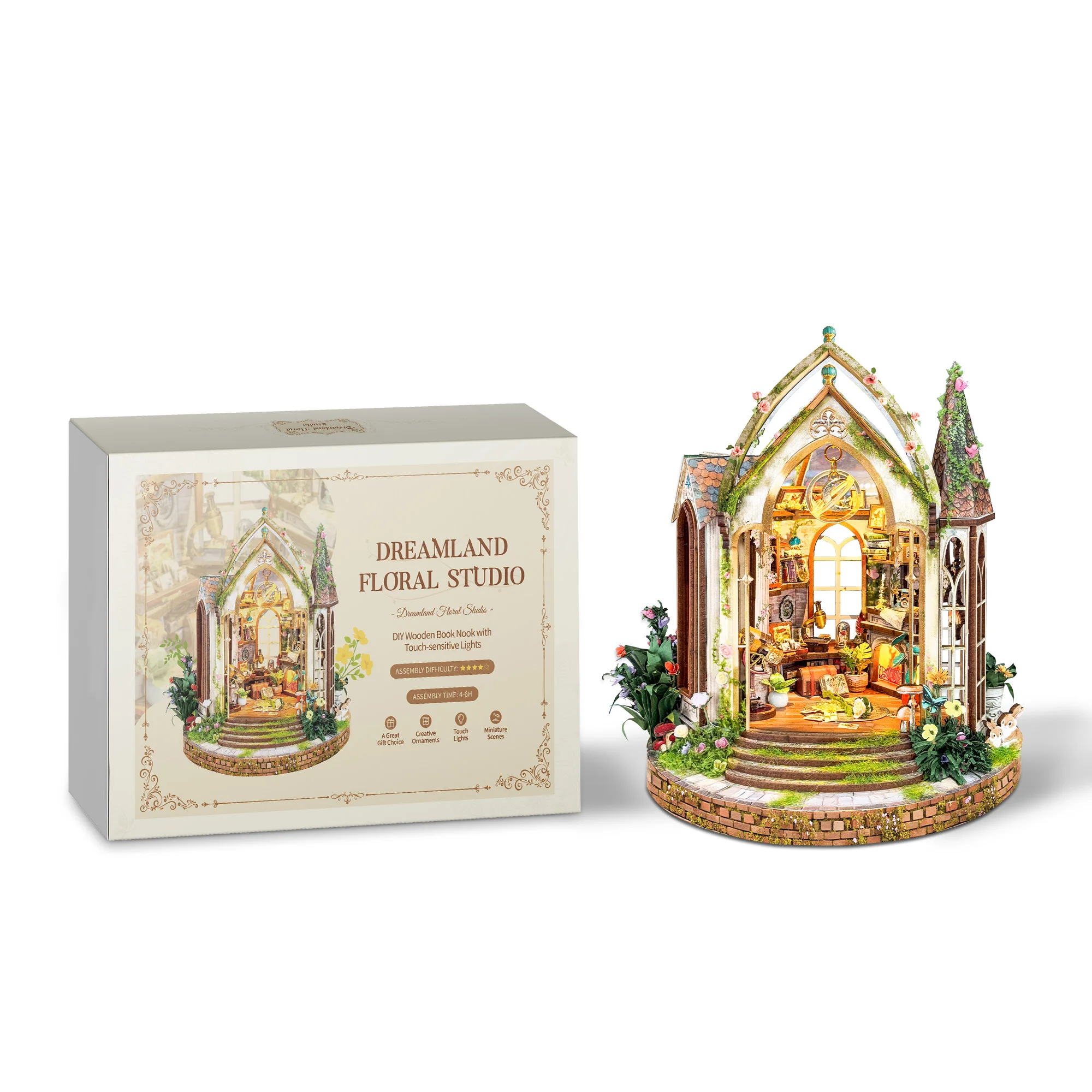 Diy de madeira dreamland floral estúdio livro nook prateleira inserção kit modelo em miniatura estante com luz estante para amigos presente