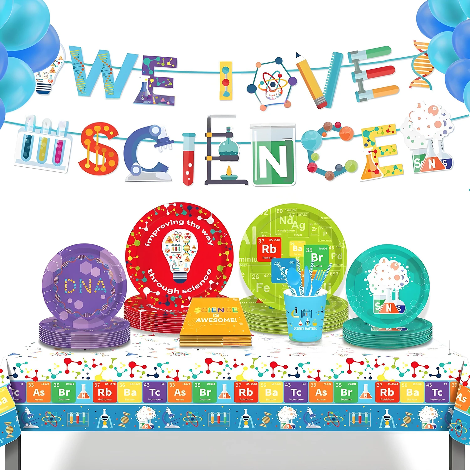 Cartoon Scientist Science Chemical Party Disposable Tableware Set Birthday Plates Napkins Cup Classroom Cultural Wall Decoration