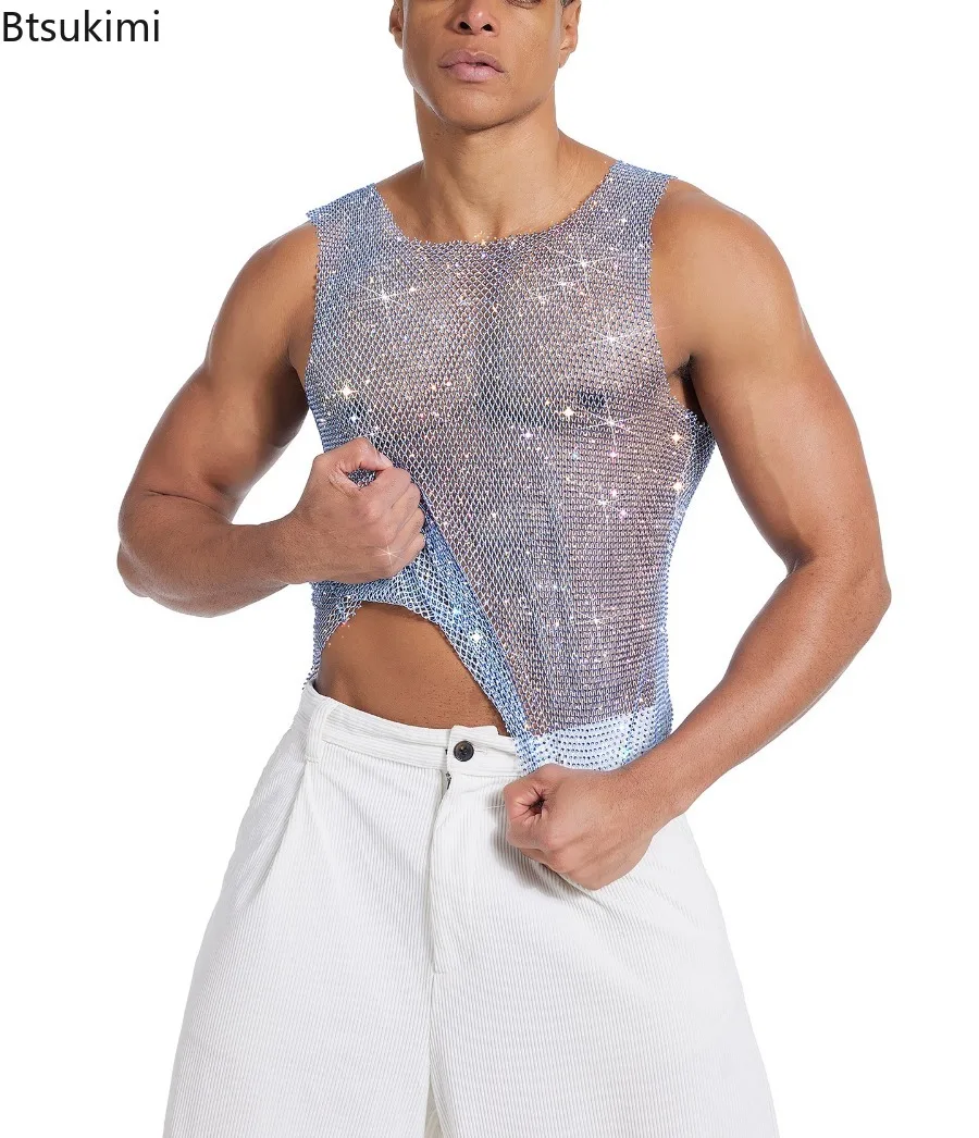 New Men's See Through Mesh Vests Hollow Out Knitted Crystal Tank Tops Elastic Slim Fit Tees Mens Summer Nightclub Stage T-shirt