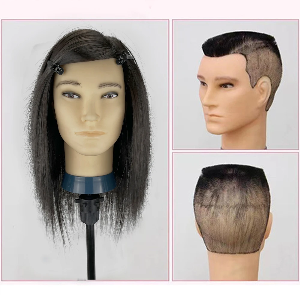 Têtes de Mannequin pour hommes avec 100% cheveux synthétiques bruns, pour la pratique du coiffeur cosmétologie, tête de formation pour la coiffure