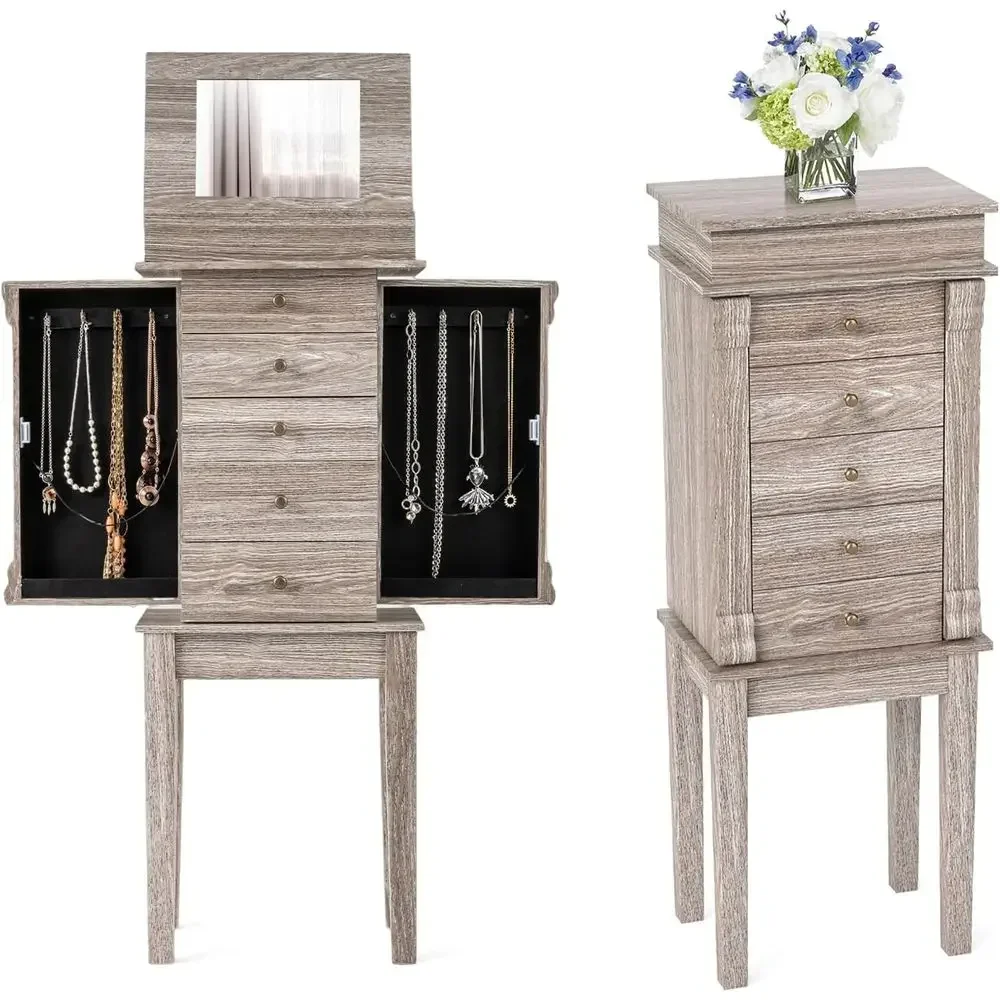 Grey Wooden Jewelry Armoire with 5 Drawers, 2 Side Doors, Top Mirror, and Divided Compartments for Women and Girls