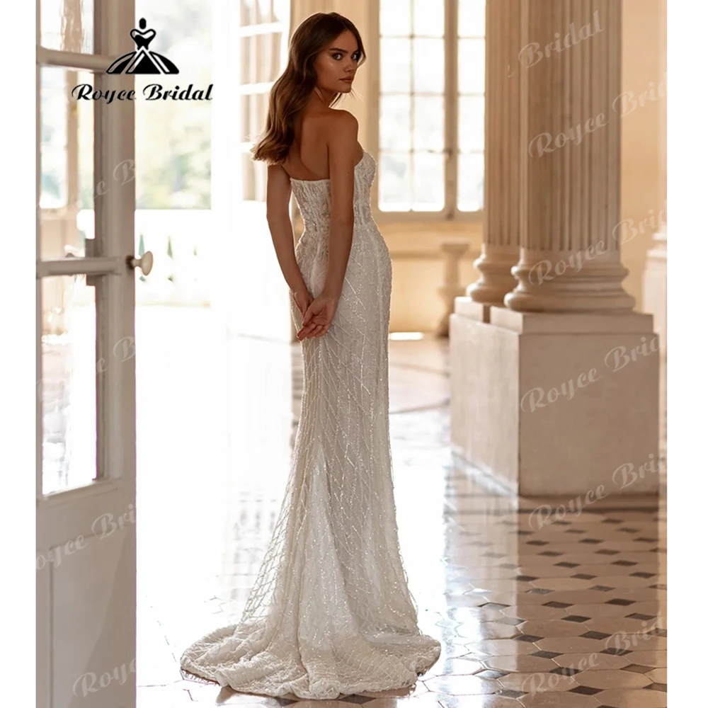 Strapless Sweetheart 3D Floral Lace Beaded Diamond Grid Mermaid Wedding Dress Sheer Mesh Fitted Bridal Gown Customized
