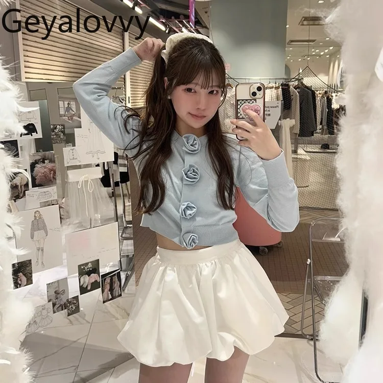 Cardigan a maniche lunghe sottile versatile per ragazze dolci in stile giapponese, girocollo, fiore fatto a mano, maglione lavorato a maglia corto in tinta unita