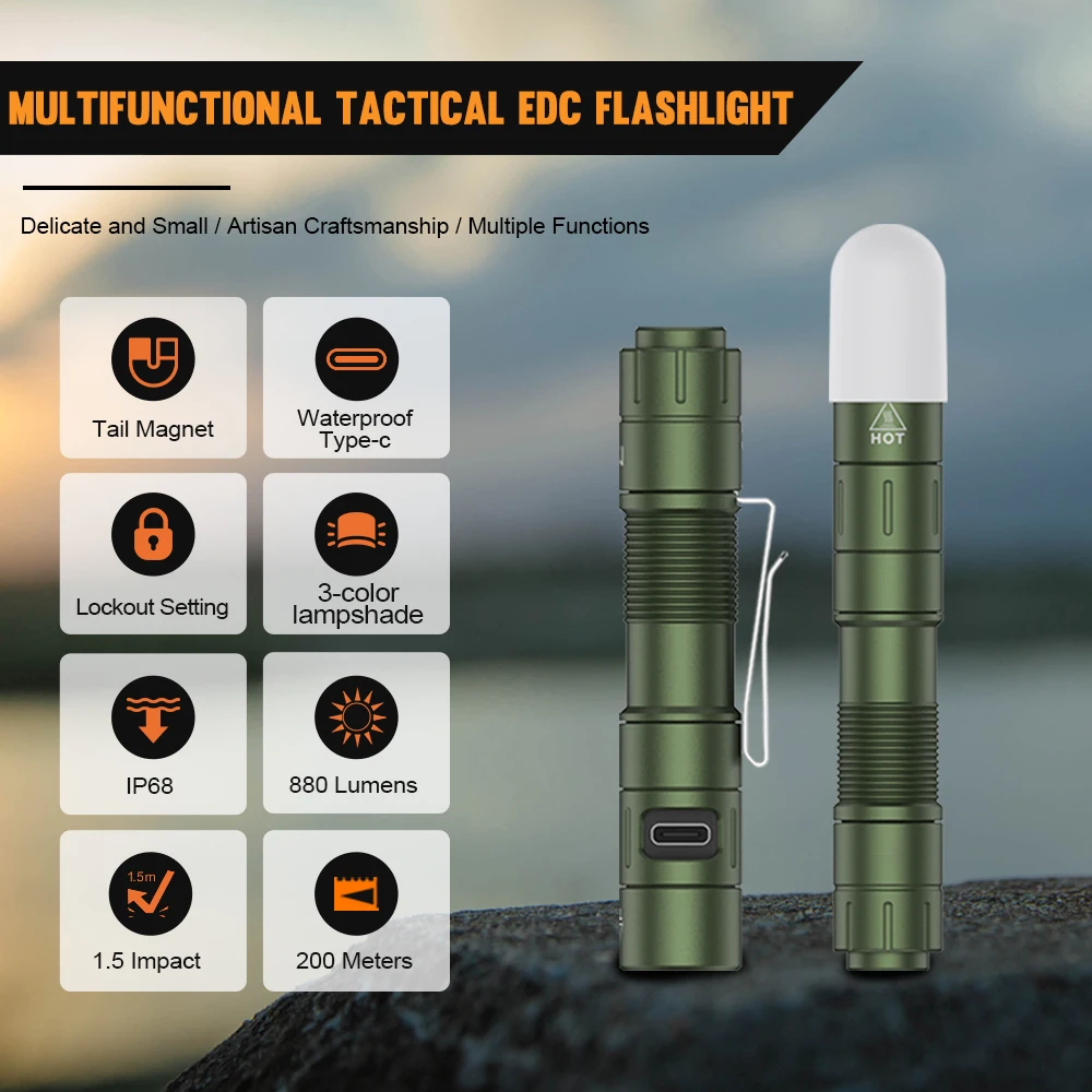 Asafee Tiki Flashlight EDC Keychain Lamp Portable Mini Torch Digital Display Rechargeable Work Light Clip Camping Lantern