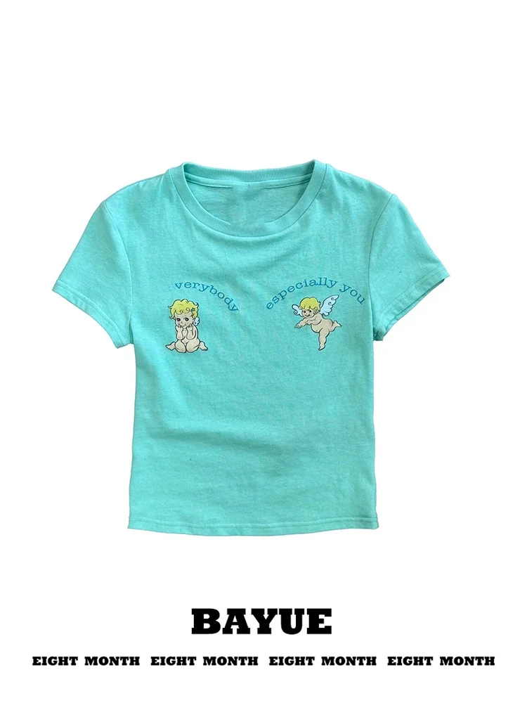 Mint Green Angel Print Short Sleeve T-Shirt Women's Summer Y2K American Cute Spicy Girl Shoulder Tight Belly Button Short Top