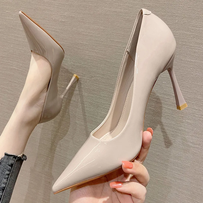 

9.5cm Fashion New Thin High Heels Patent Leather Pumps Pointed Toe Sexy Ladies Dress Beige Shoes for Women 38 39 40