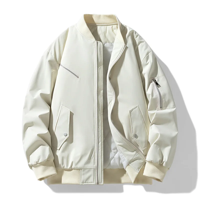 Men Bomber Jacket Autumn Winter High Street Stand Collar Zipper Male Outerwear Thicken Solid Color Long Sleeve Oversize Man Coat