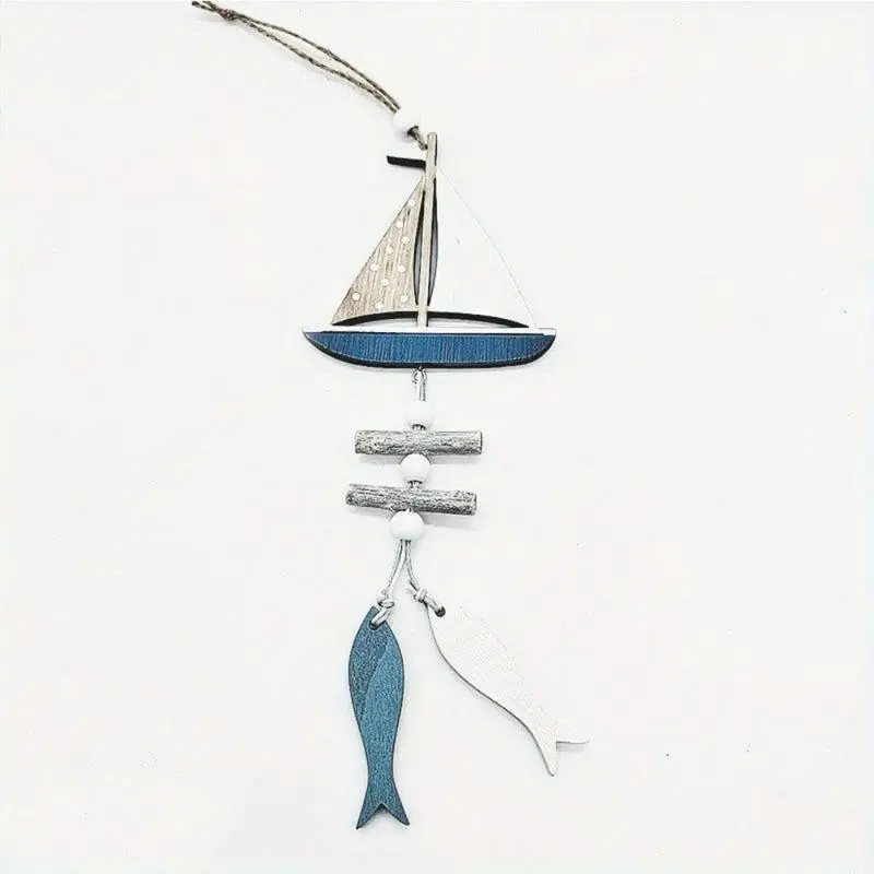 Marine Style Wooden Pendant Ocean Wind Crafts Small Fish Boat Wall Hanging Decoration Home Decor