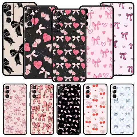 Cute Pink Heart Bow Phone Case For Samsung Galaxy S25 Edge S24 S23 S22 S20 Ultra S21 FE 5G S10 Plus Soft TPU Cover