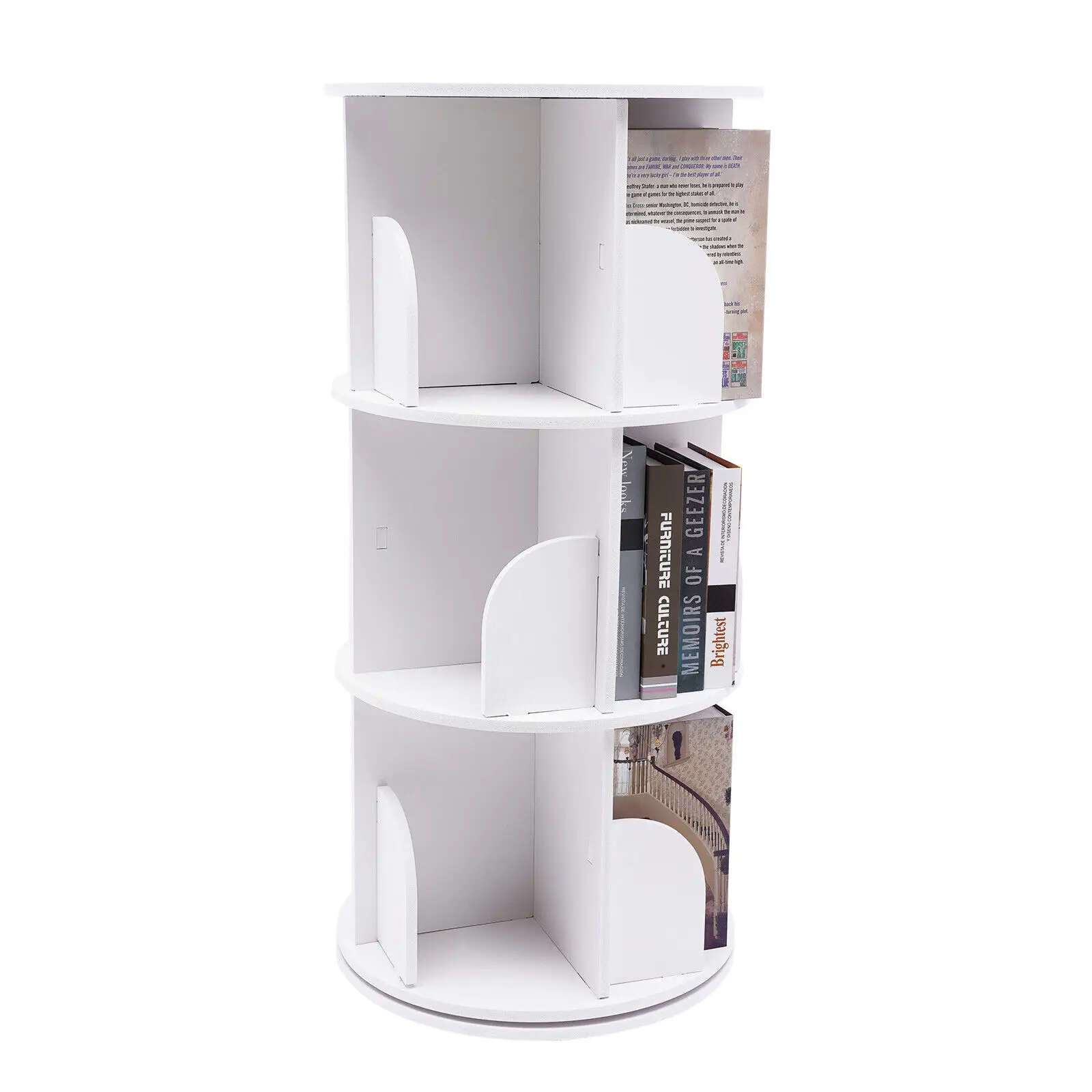 3-Tier 360?? PVC Rotating Shelves Bookshelf Stainless Steel Stackable Floor Standing Organizer Shelf White Indoor