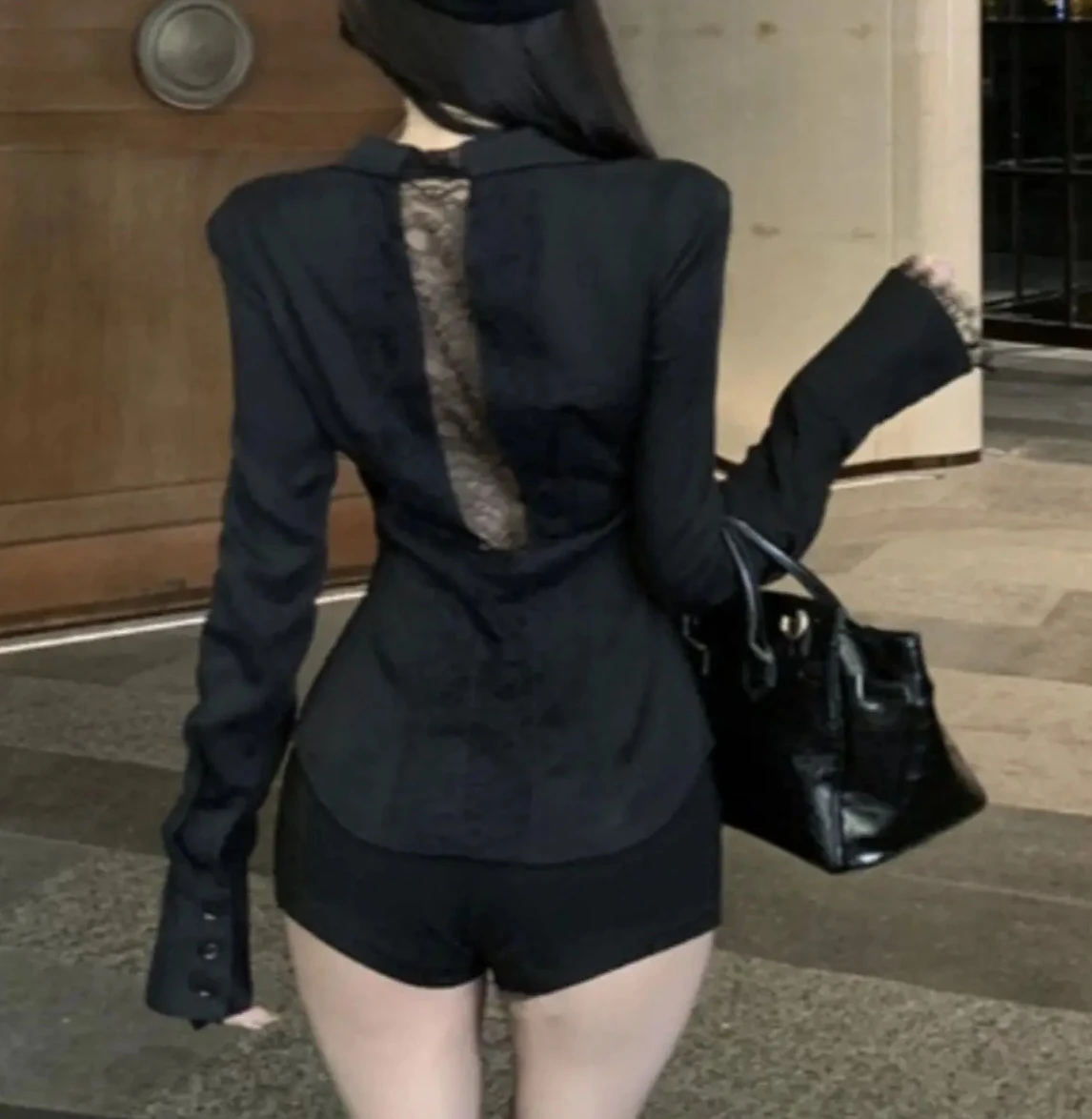 バックレスレース若々しいファッション黒長袖シャツ女性 V ネックパッチワークエレガントなベーシックブラウスレディオフィスカジュアル