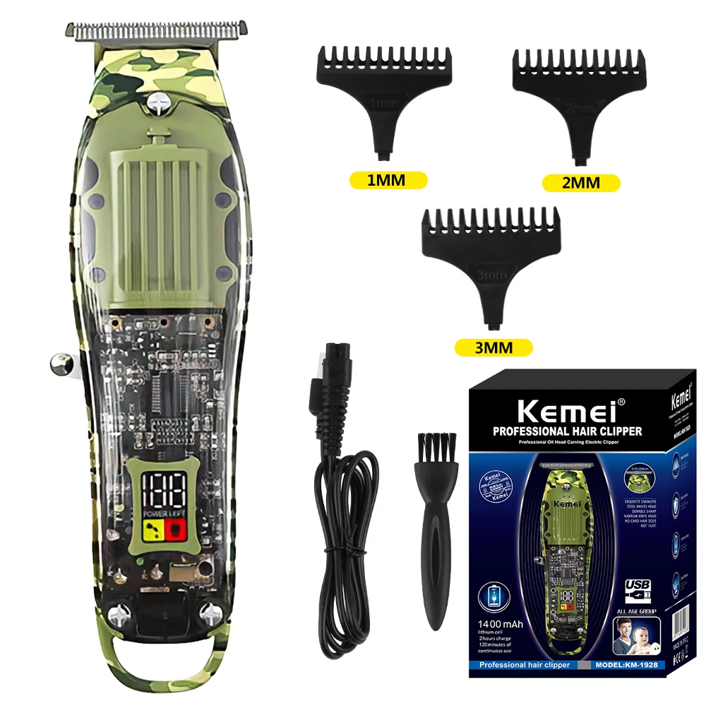 

Kemei KM-1928 Professional Hair Clipper Adjustable Electric Men's Hair Cutting Machine Cordless Transparent Camouflage Trimmer