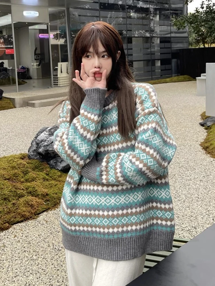 Chic Schöne Fair Isle Strickwaren frauen Herbst Winter Neue Japanische Sle Faul Retro Frühen Frühling Milch Fufu Basis irt