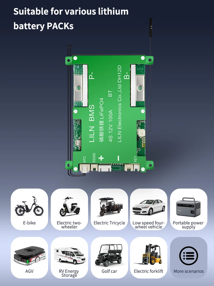 LILN BMS الذكية BMS بلوتوث 8S 24V 150A Lifepo4 بطارية NTC BT مفتاح التبديل RS485 وظيفة ل EV العاكس