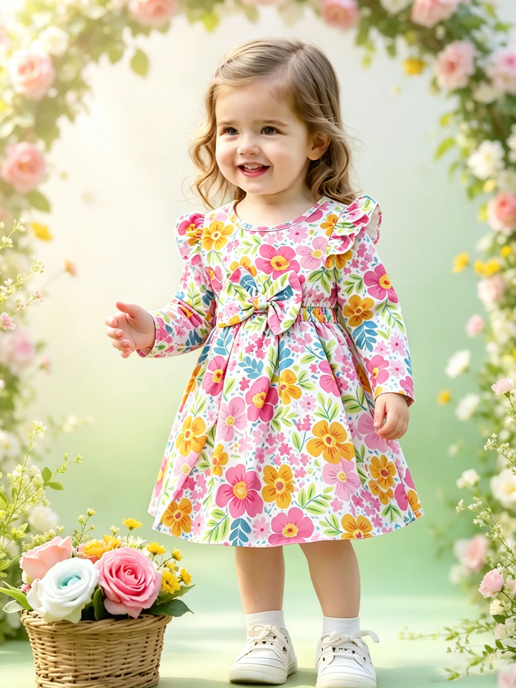 Baby Girl Colorful Floral Print Princess Dress Ruffle Long Sleeve Bow Decor Kids Casual Dress