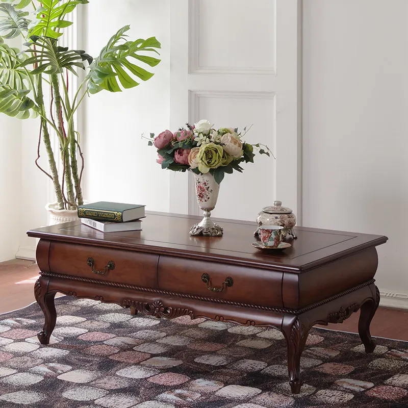 

AA Solid wood coffee table living room retro tea table carved storage French light luxury high-end wooden desktop