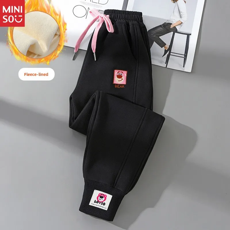 ركض مطبوع عليه دب للفتيات من مينيسو |   سروال مبطن بالصوف لطيف للأطفال والمراهقين، ملابس كاجوال