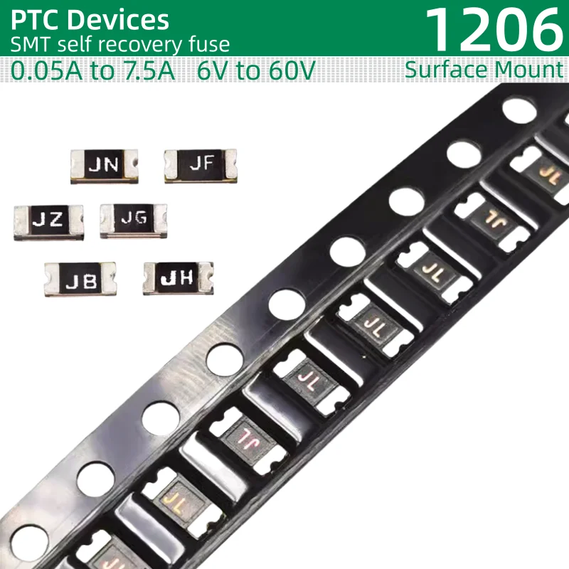 50 stks/partij SMT zelfherstel zekering 1206 pakket 0.05A ~ 1A 2A 3A 4A 5A 6A 7A/6V 12V 16V 24V 30V 48V 60V