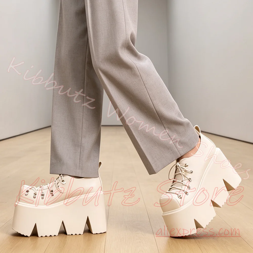 Jagged Platform Pump Slip-On Women Lace Up Metal Eyelet Leather Thick Sole Round Toe Streetwear Footwear Solid Color Fashion New