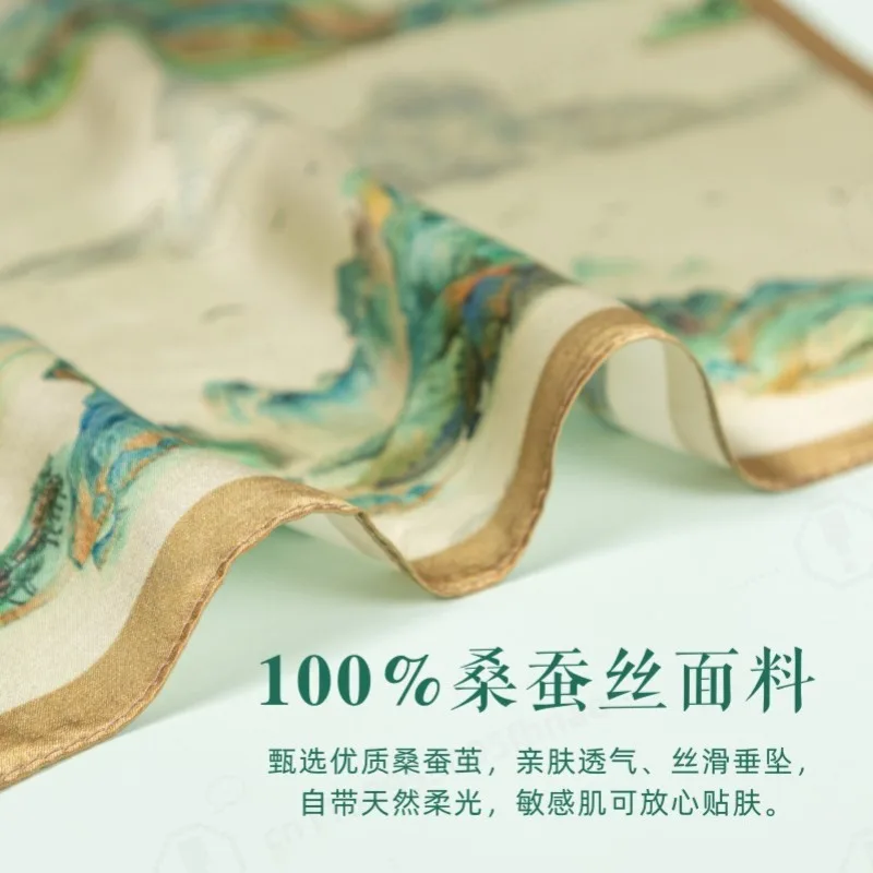 Chinese‑Style Qianli Jiangshan Square Scarf, Premium Mulberry Silk Art Print Handkerchief, Elegant Small Present for Mother