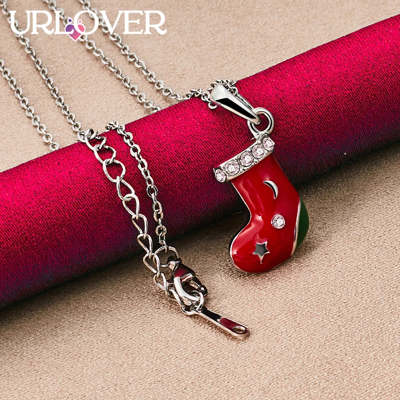 

URLOVER 925 Sterling Silver Necklace For Woman Red Sock Zircon Crystal Pendant Necklaces Fashion Birthday Party Wedding Jewelry