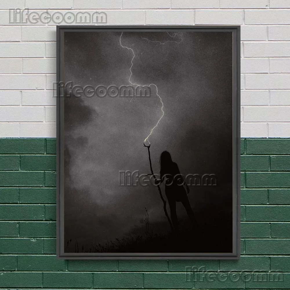Dark Witch Demonstrates Lightning Magic Wall Art Canvas Painting Thunder Witch Victorian Gothic Art Poster Print Decor Unframed