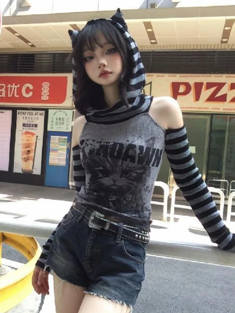 Y2k Aesthetic Cat Ear Hooded Tshirts Women Slim Fit Stripe Graphic Tees Casual Streetwear Grunge Off Shoulder Crop T Shirt 2024