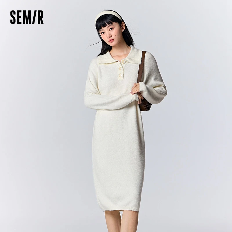 Semir Dress Women Polo Collar Solid Color Gentle 2023 Winter New Loose Soft Waxy Versatile Knitted Dress