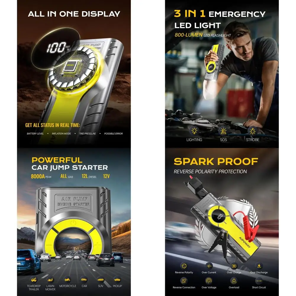 

Автомобильный стартер с воздушным компрессором, аккумуляторный блок стартера 7000А (все газы/12.0 л дизельного двигателя) 12 В 160 фунтов на квадратный дюйм, автоматический усилитель аккумулятора, прыжок