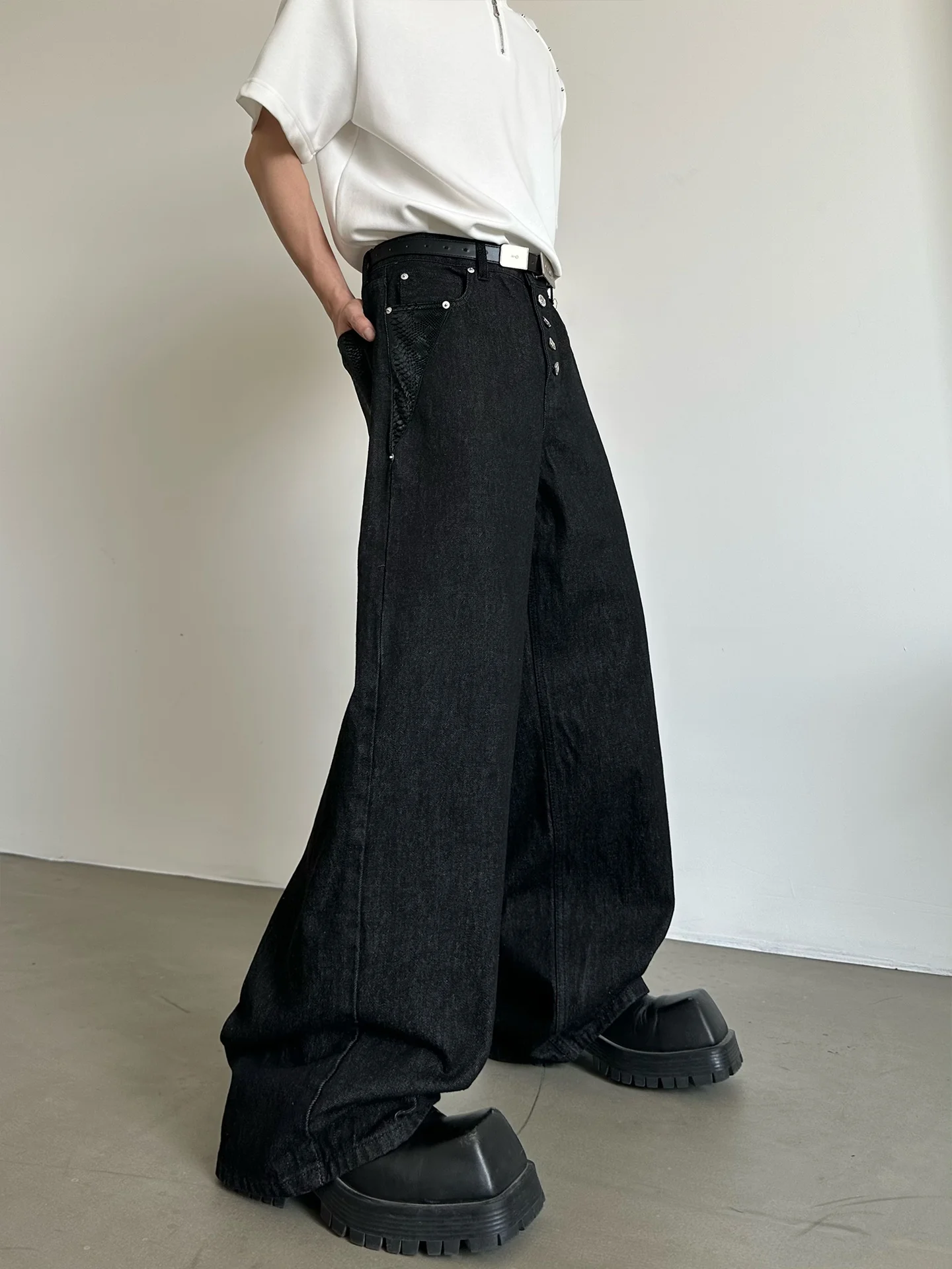 Casual Pure Color Wide Leg Patchwork Denim Jeans Button Fly Black Flared Pants Youth Trendy Cotton Blend Four Seasons Wear