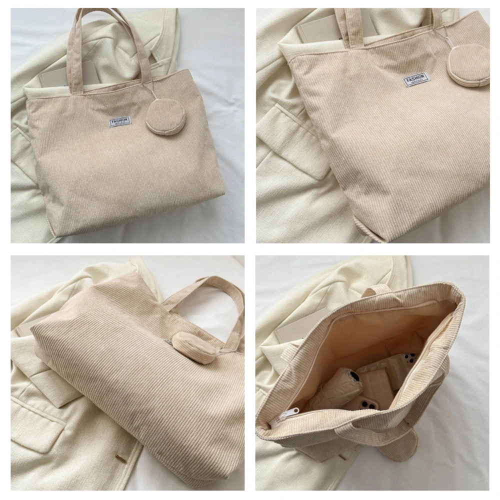 Retro Corduroy Versatile Handbag Women Large Capacity Commute Tote Bag with Coin Purse Casual Handbag Foldable Underarm Bag